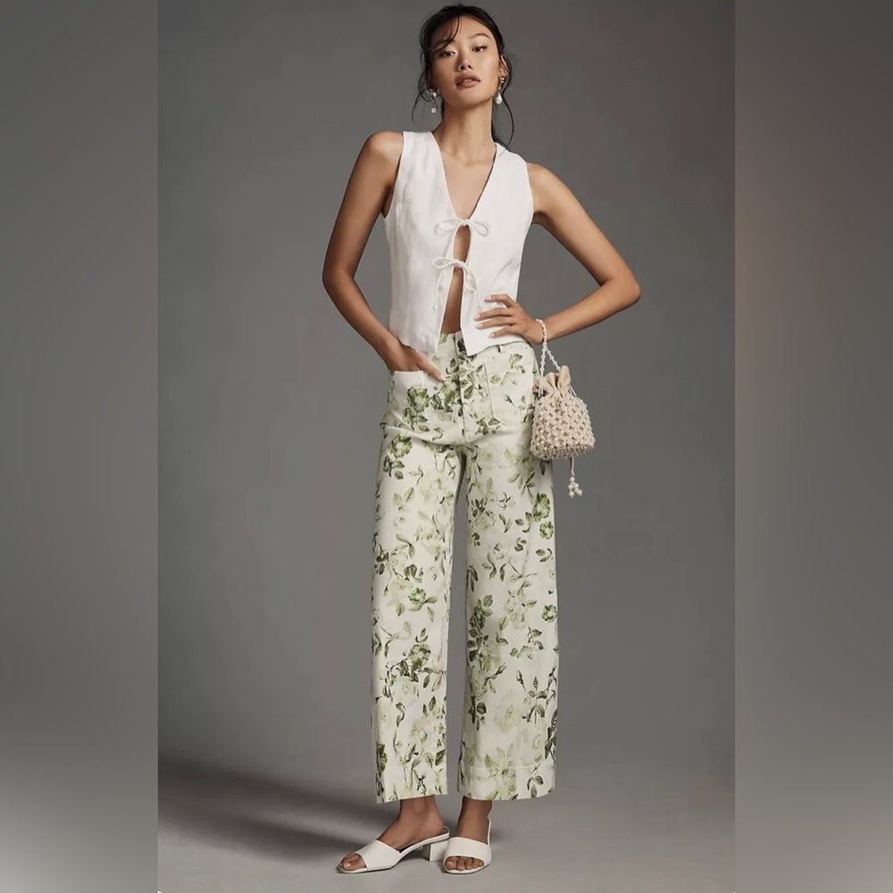 Anthropologie White and Green Wide Leg Pants